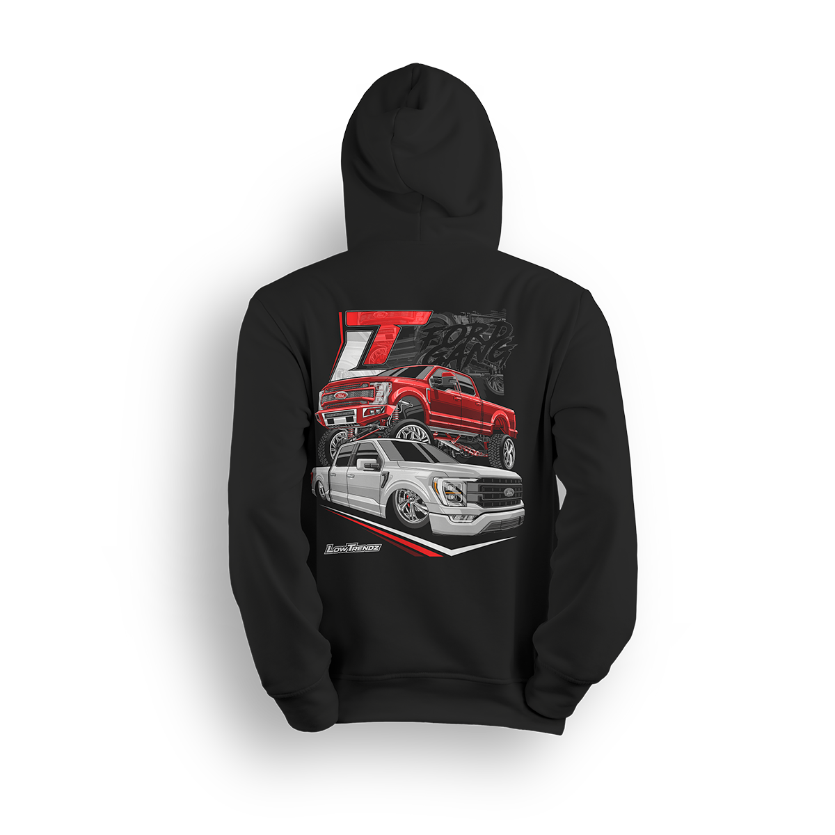 Hoodie featuring a slammed white Ford truck and a lifted red Ford truck with bold red-and-black graphics and an oversized LT badge. The Highs & Lows hoodie celebrates both ends of the custom Ford scene with loud, show-ready energy.