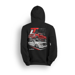 Hoodie featuring a slammed white Ford truck and a lifted red Ford truck with bold red-and-black graphics and an oversized LT badge. The Highs & Lows hoodie celebrates both ends of the custom Ford scene with loud, show-ready energy.