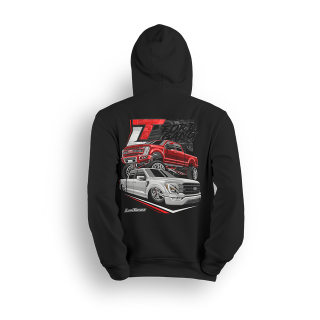 Hoodie featuring a slammed white Ford truck and a lifted red Ford truck with bold red-and-black graphics and an oversized LT badge. The Highs & Lows hoodie celebrates both ends of the custom Ford scene with loud, show-ready energy.