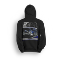 Hoodie featuring a fully customized Yamaha R1 with air ride, 300 wide tire kit by All Things Chrome, extended swingarm, and nitrous setup. Shown from dual angles with white-and-blue accents, this hoodie reps high-performance custom street bike power.