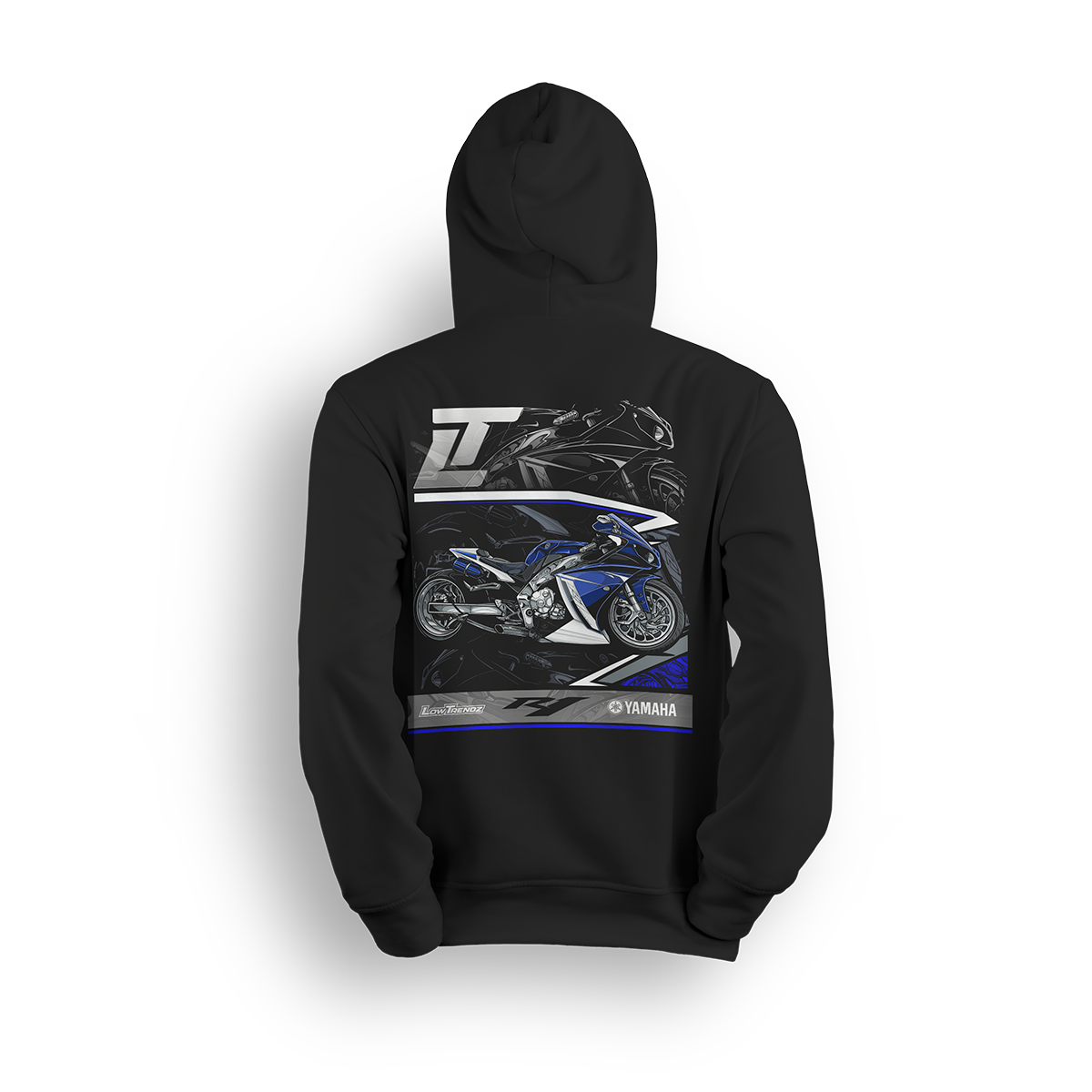 Hoodie featuring a fully customized Yamaha R1 with air ride, 300 wide tire kit by All Things Chrome, extended swingarm, and nitrous setup. Shown from dual angles with white-and-blue accents, this hoodie reps high-performance custom street bike power.