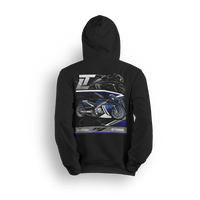 Hoodie featuring a fully customized Yamaha R1 with air ride, 300 wide tire kit by All Things Chrome, extended swingarm, and nitrous setup. Shown from dual angles with white-and-blue accents, this hoodie reps high-performance custom street bike power.