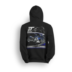 Hoodie featuring a fully customized Yamaha R1 with air ride, 300 wide tire kit by All Things Chrome, extended swingarm, and nitrous setup. Shown from dual angles with white-and-blue accents, this hoodie reps high-performance custom street bike power.