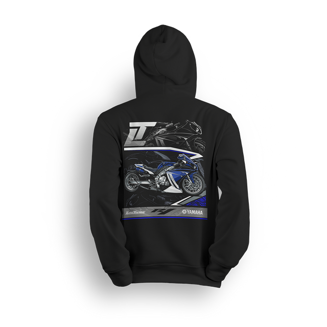 Hoodie featuring a fully customized Yamaha R1 with air ride, 300 wide tire kit by All Things Chrome, extended swingarm, and nitrous setup. Shown from dual angles with white-and-blue accents, this hoodie reps high-performance custom street bike power.