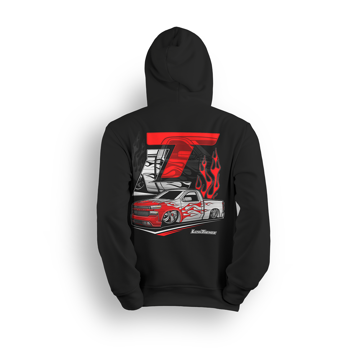 Hoodie featuring Alex’s custom 2020 Chevy Silverado, known as “Red Bottom,” with candy red flames, tucked billets, and bold stance. Backed by the LT logo, this StreetTrucks Magazine-featured hoodie captures the energy of one of the scene’s most iconic builds.