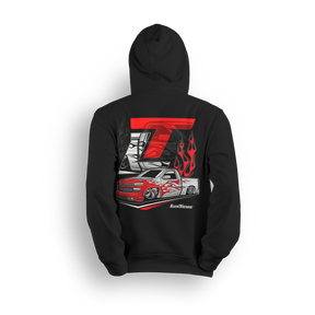 Hoodie featuring Alex’s custom 2020 Chevy Silverado, known as “Red Bottom,” with candy red flames, tucked billets, and bold stance. Backed by the LT logo, this StreetTrucks Magazine-featured hoodie captures the energy of one of the scene’s most iconic builds.