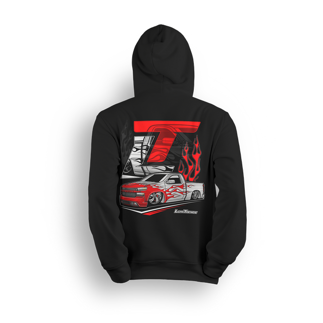 Hoodie featuring Alex’s custom 2020 Chevy Silverado, known as “Red Bottom,” with candy red flames, tucked billets, and bold stance. Backed by the LT logo, this StreetTrucks Magazine-featured hoodie captures the energy of one of the scene’s most iconic builds.