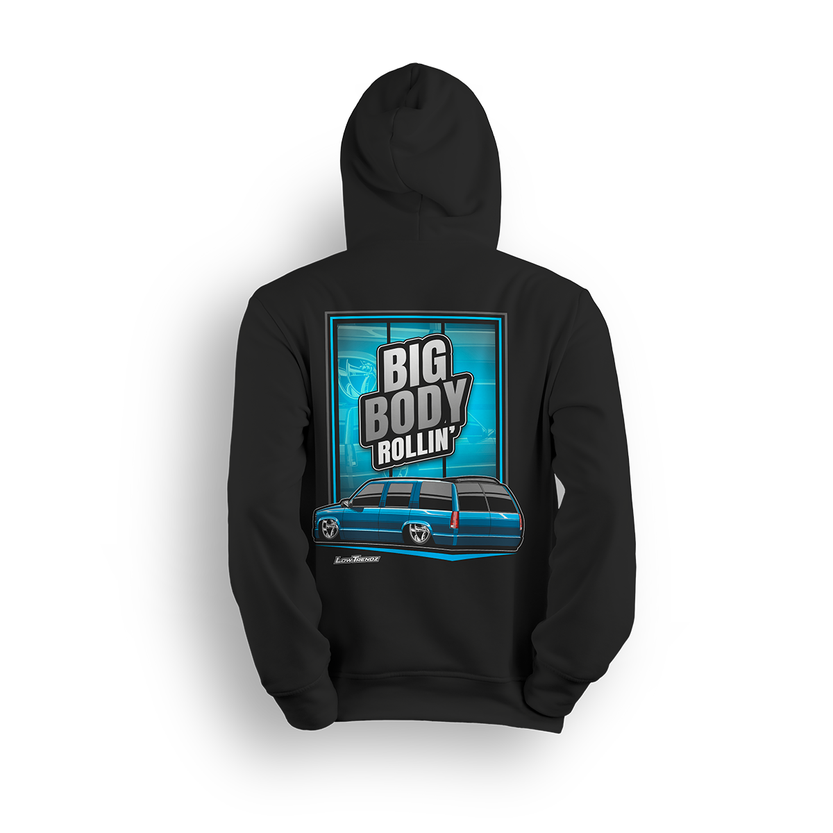 Hoodie featuring Mike Batty’s custom four-door Tahoe known as the Retro Hoe, bagged and bodied on polished 22-inch billets. With bold graphics and StreetTrucks Magazine feature energy, the Big Body Rollin’ hoodie celebrates full-size style and low street presence.