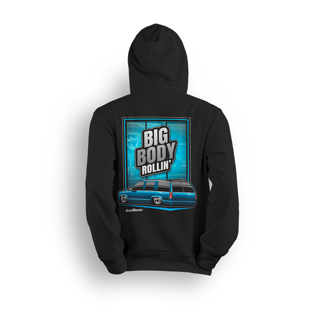 Hoodie featuring Mike Batty’s custom four-door Tahoe known as the Retro Hoe, bagged and bodied on polished 22-inch billets. With bold graphics and StreetTrucks Magazine feature energy, the Big Body Rollin’ hoodie celebrates full-size style and low street presence.