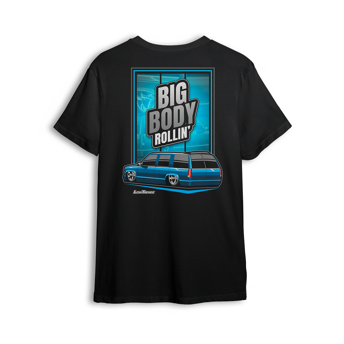 T-shirt featuring Mike Batty’s custom four-door Tahoe known as the Retro Hoe, bagged and bodied on polished 22-inch billets. With bold graphics and StreetTrucks Magazine feature energy, the Big Body Rollin’ t-shirt celebrates full-size style and low street presence.