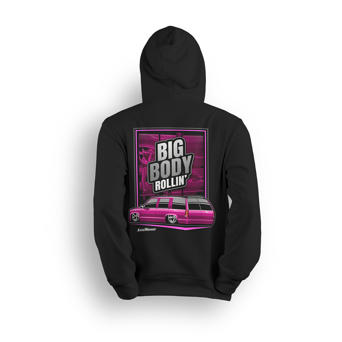 Hoodie featuring Mike Batty’s custom four-door Tahoe known as the Retro Hoe, bagged and bodied on polished 22-inch billets. With bold graphics and StreetTrucks Magazine feature energy, the Big Body Rollin’ hoodie celebrates full-size style and low street presence.