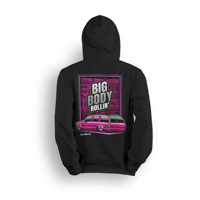 Hoodie featuring Mike Batty’s custom four-door Tahoe known as the Retro Hoe, bagged and bodied on polished 22-inch billets. With bold graphics and StreetTrucks Magazine feature energy, the Big Body Rollin’ hoodie celebrates full-size style and low street presence.