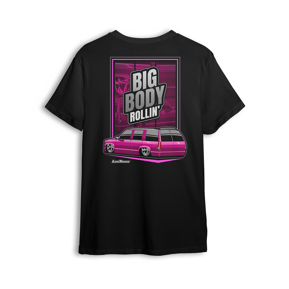 T-shirt featuring Mike Batty’s custom four-door Tahoe known as the Retro Hoe, bagged and bodied on polished 22-inch billets. With bold graphics and StreetTrucks Magazine feature energy, the Big Body Rollin’ t-shirt celebrates full-size style and low street presence.