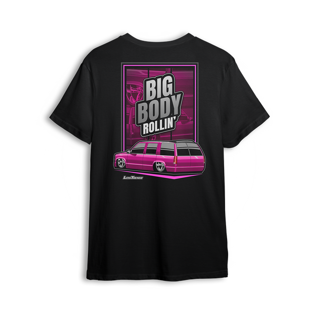 T-shirt featuring Mike Batty’s custom four-door Tahoe known as the Retro Hoe, bagged and bodied on polished 22-inch billets. With bold graphics and StreetTrucks Magazine feature energy, the Big Body Rollin’ t-shirt celebrates full-size style and low street presence.
