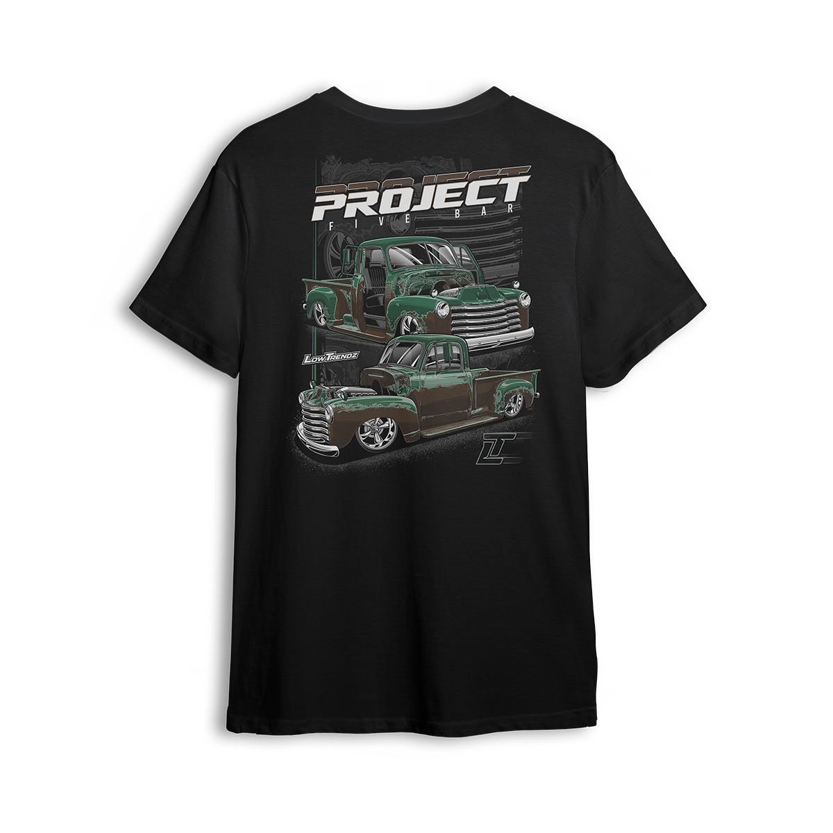 Project Five Bar t-shirt with 1952 green Chevy truck inspired by father and son build in Maryland