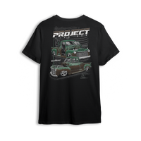 Project Five Bar t-shirt with 1952 green Chevy truck inspired by father and son build in Maryland