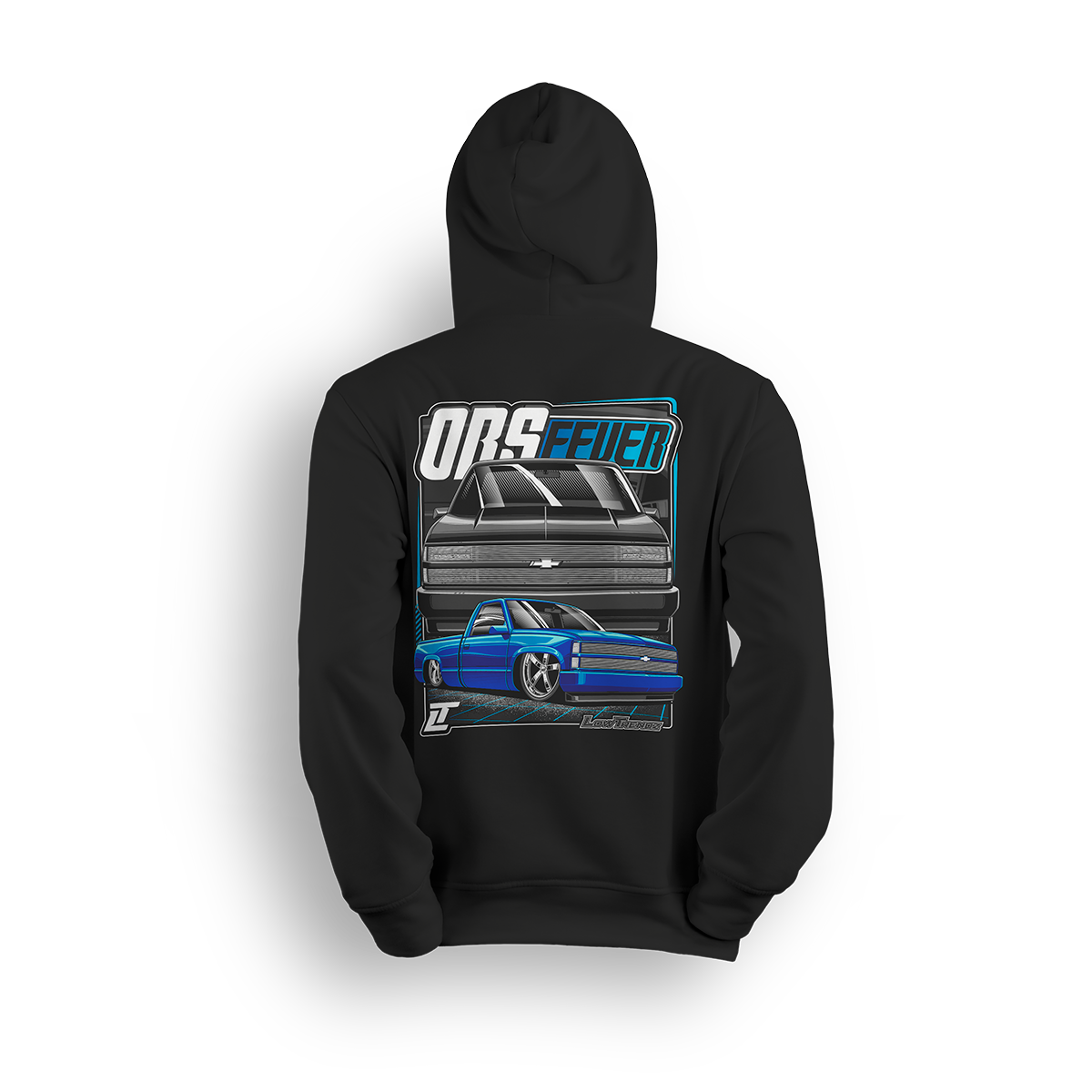 Blue OBS Steel Chevy hoodie featuring a slammed cobalt blue truck with billet wheels and bold front and side view graphic by LowTrendz