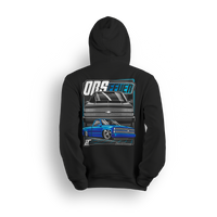 Blue OBS Steel Chevy hoodie featuring a slammed cobalt blue truck with billet wheels and bold front and side view graphic by LowTrendz