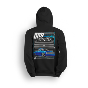 Blue OBS Steel Chevy hoodie featuring a slammed cobalt blue truck with billet wheels and bold front and side view graphic by LowTrendz