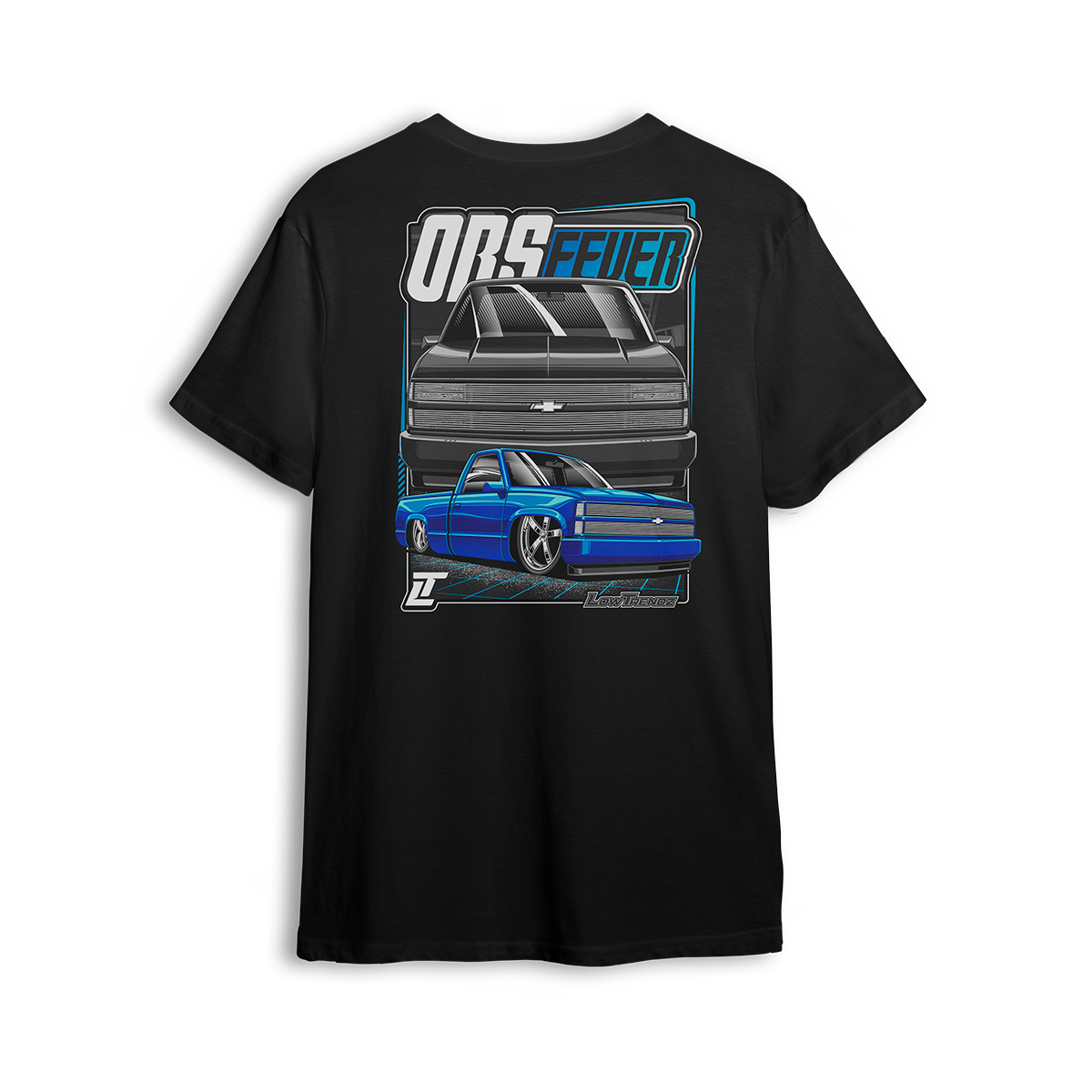 Blue OBS Steel Chevy t shirt featuring a slammed cobalt blue truck with billet wheels and bold front and side view graphic by LowTrendz