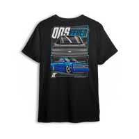 Blue OBS Steel Chevy t shirt featuring a slammed cobalt blue truck with billet wheels and bold front and side view graphic by LowTrendz