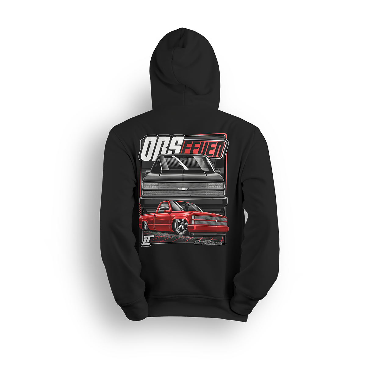 Red OBS Steel Chevy hoodie featuring a slammed red truck with billet wheels and bold front and side view graphic by LowTrendz