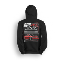 Red OBS Steel Chevy hoodie featuring a slammed red truck with billet wheels and bold front and side view graphic by LowTrendz