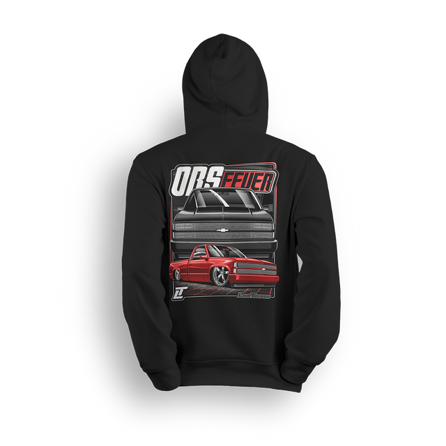 Red OBS Steel Chevy hoodie featuring a slammed red truck with billet wheels and bold front and side view graphic by LowTrendz