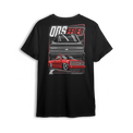 Red OBS Steel Chevy t shirt featuring a slammed red truck with billet wheels and bold front and side view graphic by LowTrendz