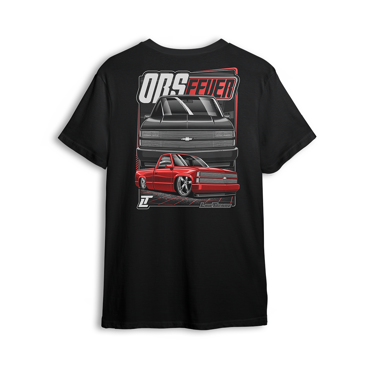 Red OBS Steel Chevy t shirt featuring a slammed red truck with billet wheels and bold front and side view graphic by LowTrendz