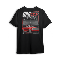 Red OBS Steel Chevy t shirt featuring a slammed red truck with billet wheels and bold front and side view graphic by LowTrendz
