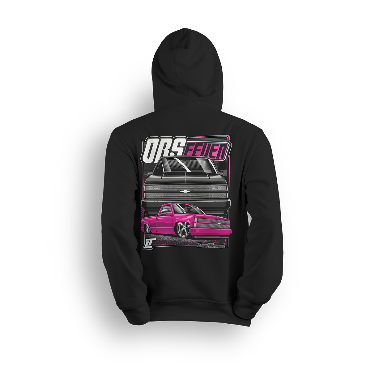 Pink OBS Steel Chevy hoodie featuring a slammed pink truck with billet wheels and bold front and side view graphic by LowTrendz