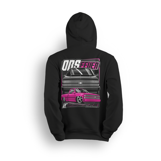 Pink OBS Steel Chevy hoodie featuring a slammed pink truck with billet wheels and bold front and side view graphic by LowTrendz