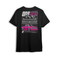 Pink OBS Steel Chevy t shirt featuring a slammed pink truck with billet wheels and bold front and side view graphic by LowTrendz