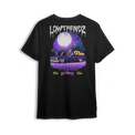 Halloween t-shirt featuring a slammed Squarebody in a graveyard at night with a full moon and skeleton behind the wheel