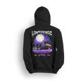 Halloween hoodie featuring a slammed Squarebody in a graveyard at night with a full moon and skeleton behind the wheel