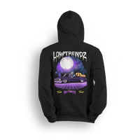 Halloween hoodie featuring a slammed Squarebody in a graveyard at night with a full moon and skeleton behind the wheel