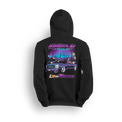 Black hoodie with spooky Halloween design featuring slammed Chevy Silverado in graveyard with jack-o-lanterns and skeleton reaper