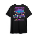 Black t-shirt with spooky Halloween artwork of a slammed Chevy Silverado in graveyard scene with skeleton driver and jack-o-lanterns