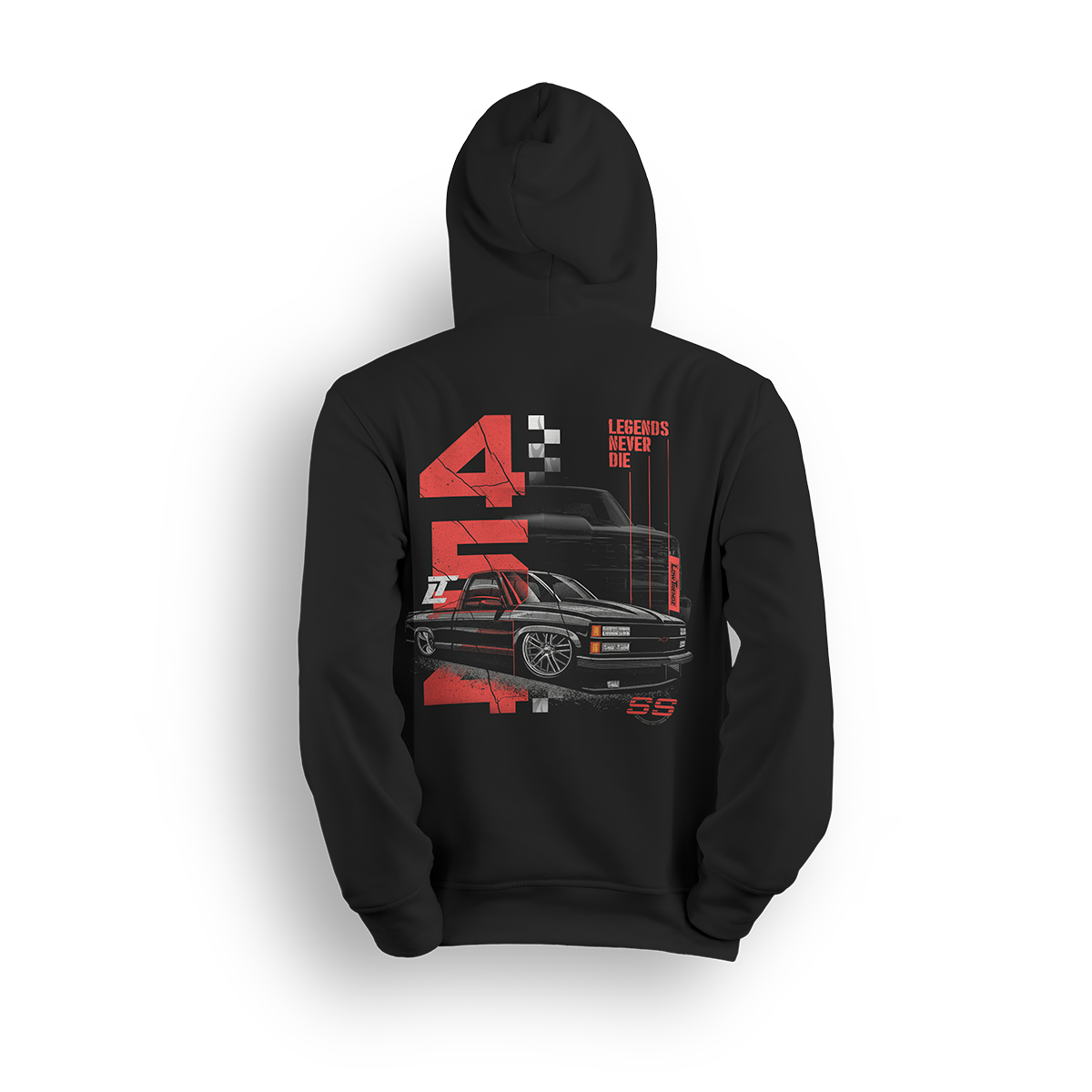 Legends Never Die hoodie featuring a slammed black OBS SS truck with bold red graphics