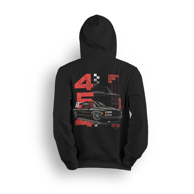 Legends Never Die hoodie featuring a slammed black OBS SS truck with bold red graphics