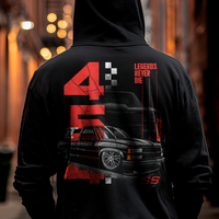 Legends Never Die hoodie featuring a slammed black OBS SS truck with bold red graphics