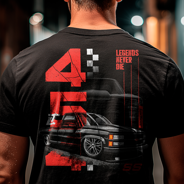 Legends Never Die t shirt featuring a slammed black OBS SS truck with bold red graphics