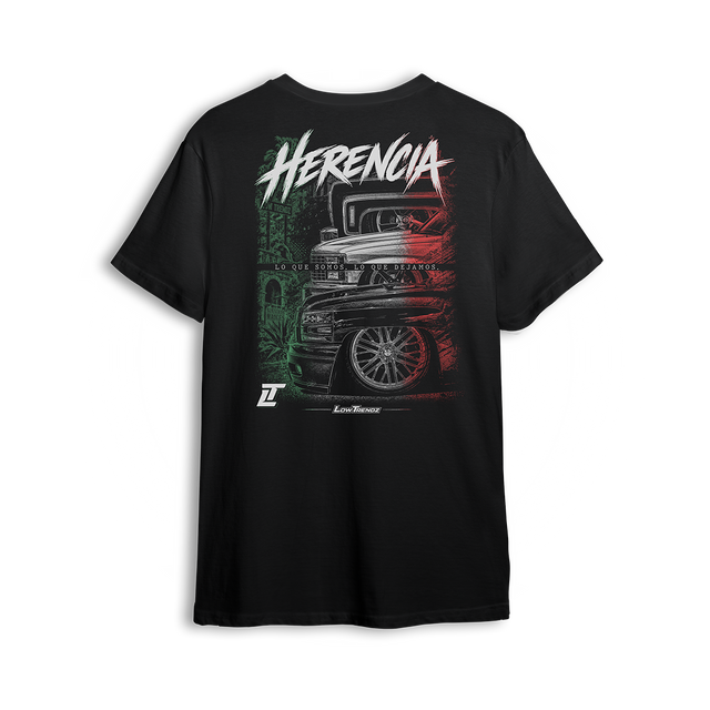 Herencia Tee back print - three generations of Chevy trucks in the colors of Mexico
