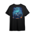 Halloween 2025 t-shirt featuring a slammed Chevy truck, glowing jack-o’-lanterns, and foggy haunted artwork by Low Trendz