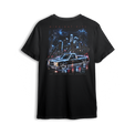 Midnight City Tee back print - black lowered OBS under a neon city skyline