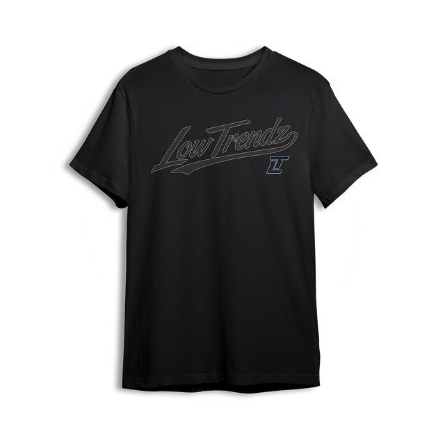 Midnight City Tee front - tonal Low Trendz script across the chest