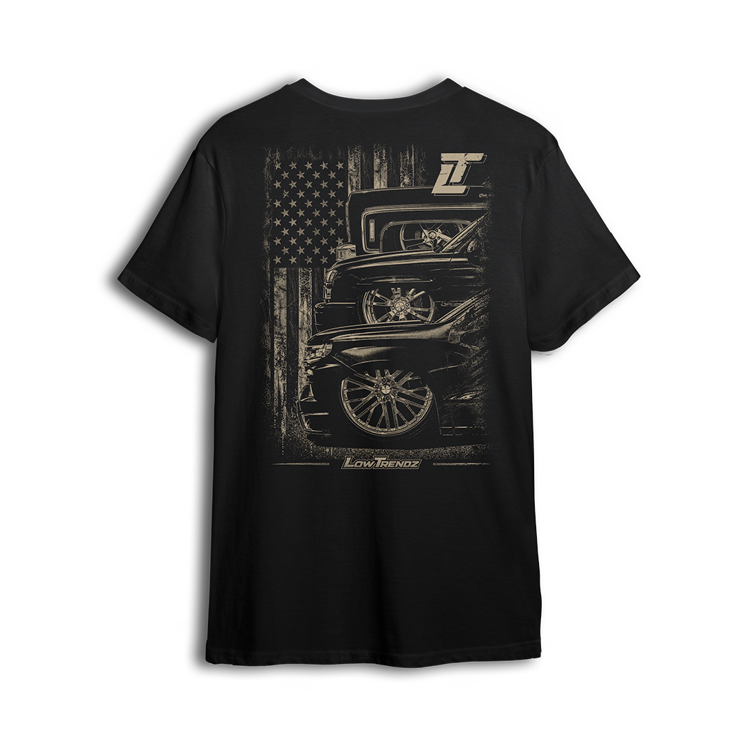 LT Nation tee back print - three generations of trucks under an American flag