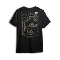 LT Nation tee back print - three generations of trucks under an American flag
