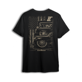 LT Nation tee back print - three generations of trucks under an American flag